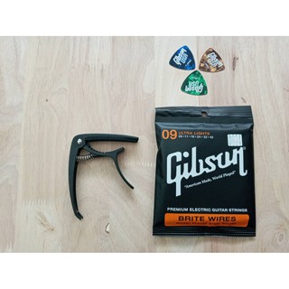 สายกีตาร์ไฟฟ้า Gibson เบอร์009 พร้อมกับ คาโป้ OS-02 สีดำอย่างดี (แถมฟรีปื๊กกีตาร์ 3ตัว)