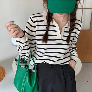 Cicishop(81018-1)เสื้อแขนยาวคอปกลายทาง ผ้าไหมพรมผ้ายืดได้เยอะ สไตล์เกาหลี