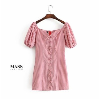 MASS Fashion : เดรสสั้น ปาดไหล่ สีแดง Rouge Stripe Shoulder S