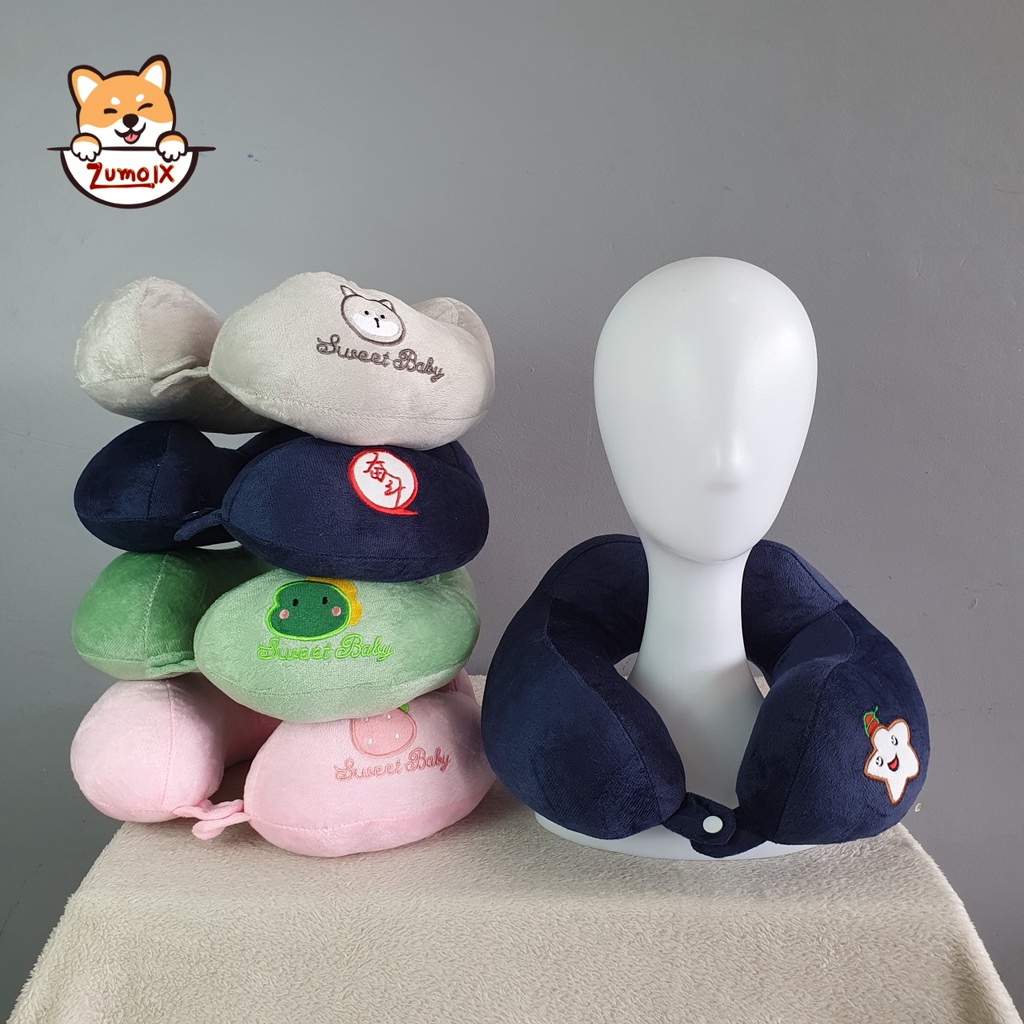 ZumoIX หมอนรองคอ ทรงสูงมีที่รอง รุ่นมีซิป มีกระดุมล็อค ใยสังเคราะห์คุณภาพสูง ผ้ากำมะหยี่ Neck Pillow