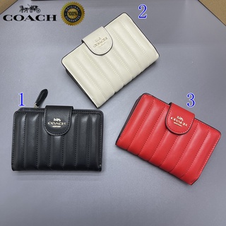 🎄พร้อมส่ง🌟Coach กระเป๋าสตางค์ผู้หญิงกระเป๋าสตางค์ใบกลางหลายตำแหน่งหนังขาวดำในสต็อก 3454