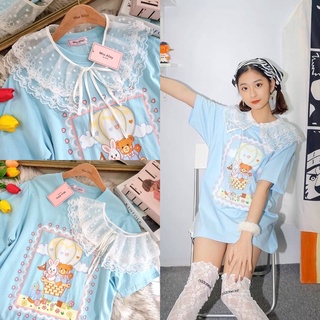 💙💙 มินิเดรสสีฟ้า สกรีนลายน้องหมี ดีเทล มีปกลูกไม้แยกชิ้น