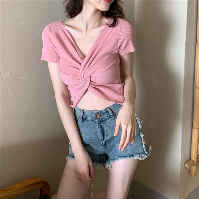 Dahong 💖  เสื้อแขนสั้น สไตล์เกาหลี โชว์เอวสุดเซ็กซี่ แฟชั่นแขนสั้น เสื้อคอวี มัดกลางอก 9365 - รูปที่ 5