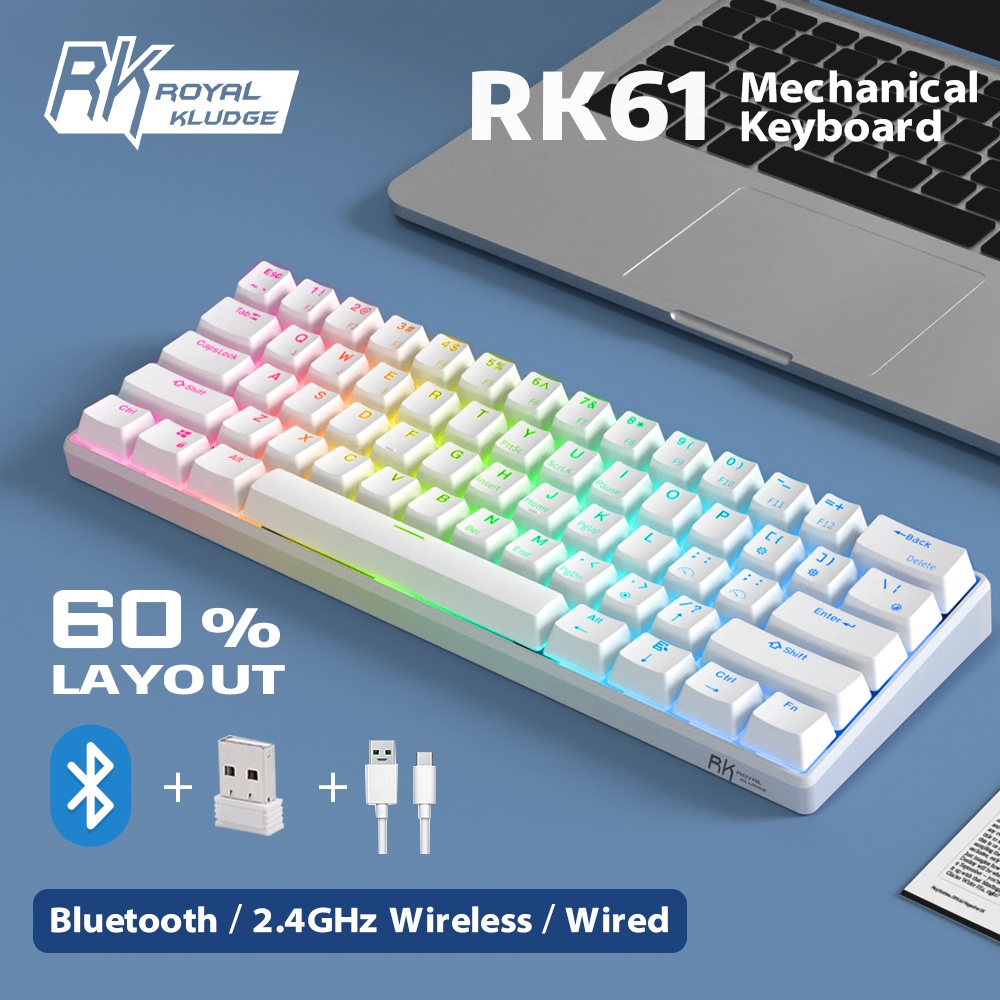 ROYAL KLUDGE RK61 Gaming Keyboard คีย์บอร์ดไร้สาย 60% Mini Compact Design Bluetooth/Wired/2.4Ghz Wireless RGB Hotswap Blue/Brown/Red Switch Mechanical Keyboard