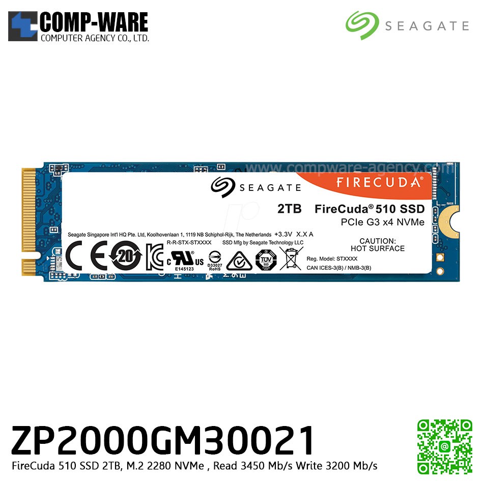 Seagate FireCuda 510 SSD 2TB, M.2 2280 PCIe G3 x4, NVMe 1.3 3D TLC , Read 3450 Mb/s Write 3200 Mb/s,ZP2000GM30021
