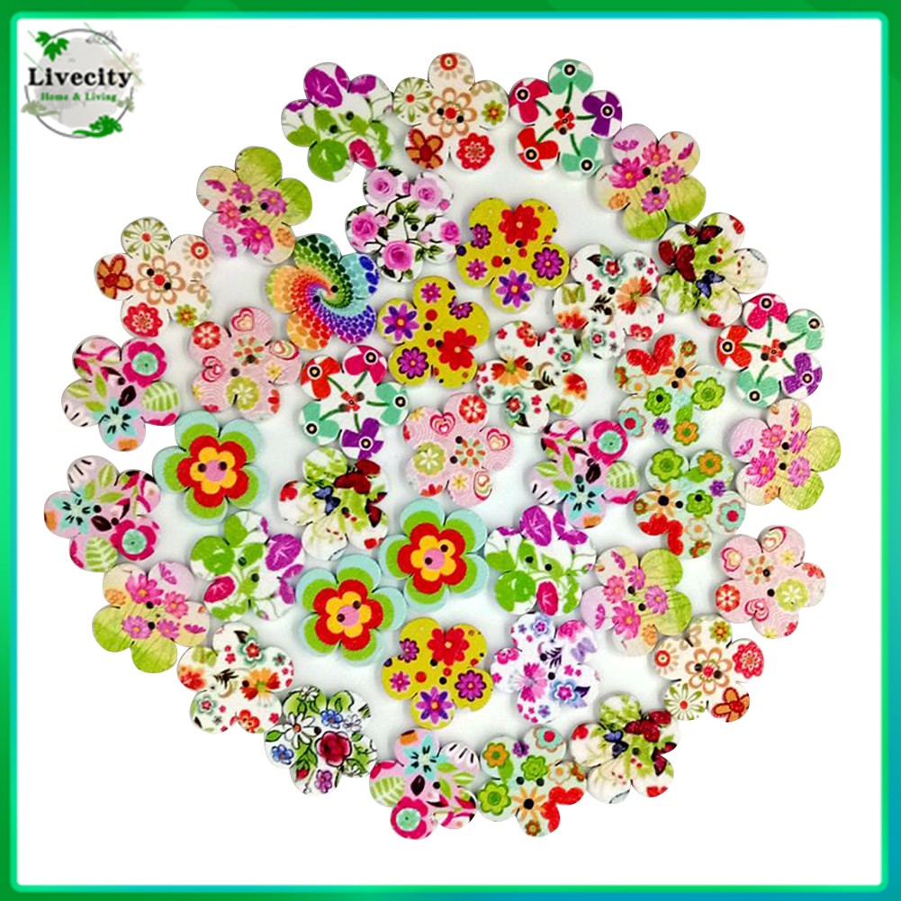 Livecity100 ชิ ้ นไม ้ น ่ ารักดอกไม ้ 2 หลุมปุ ่ มเย ็ บ Scrapbooking DIY อุปกรณ ์ เสริม