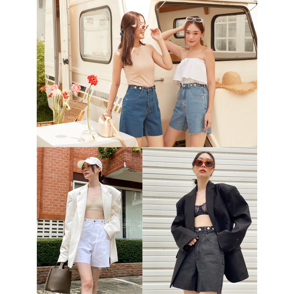 Sis story กางเกงยีนส์ขาสั้น เอวสูง แต่งกระดุม ปลายขาตัดSis 036 Buttercup Raw-hem buttons short jeans