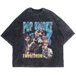 เสื้อยืดผ้าฝ้ายพิมพ์ลายแฟชั่นเสื้อยืดแขนสั้น พิมพ์ลาย POP SMOKE FAITH WASHING VINTAGE ขนาดใหญ่