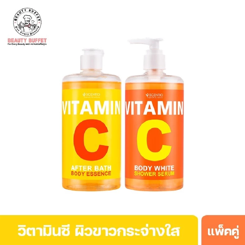 [ซื้อคู่ราคาพิเศษ] SCENTIO VITAMIN C BODY WHITE SHOWER SERUM+AFTER BATH BODY ESSENCE -วิตามินซีน้ำตบ+ครีมอาบน้ำ (450ML.)