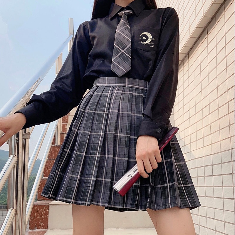New Black Gothic Pleated Skirts Women Japanese School Uniform High