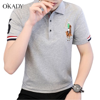 OKADY เสื้อโปโลผู้ชายเสื้อนักเรียนสีทึบพิมพ์ปกแขนสั้นแฟชั่นใหม่บางผ้าฝ้ายแขนสั้น Tops