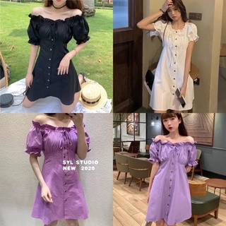 เดรสนำเข้าปาดไหล่สีพื้น 💜🖤