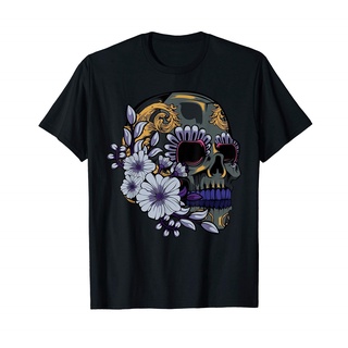 ผ้าฝ้ายคอกลมเสื้อยืด พิมพ์ลายหัวกะโหลก Sponsored Ad - Purple Flower Sugar Skull Day Of The Dead Halloween สําหรับผู้ชาย