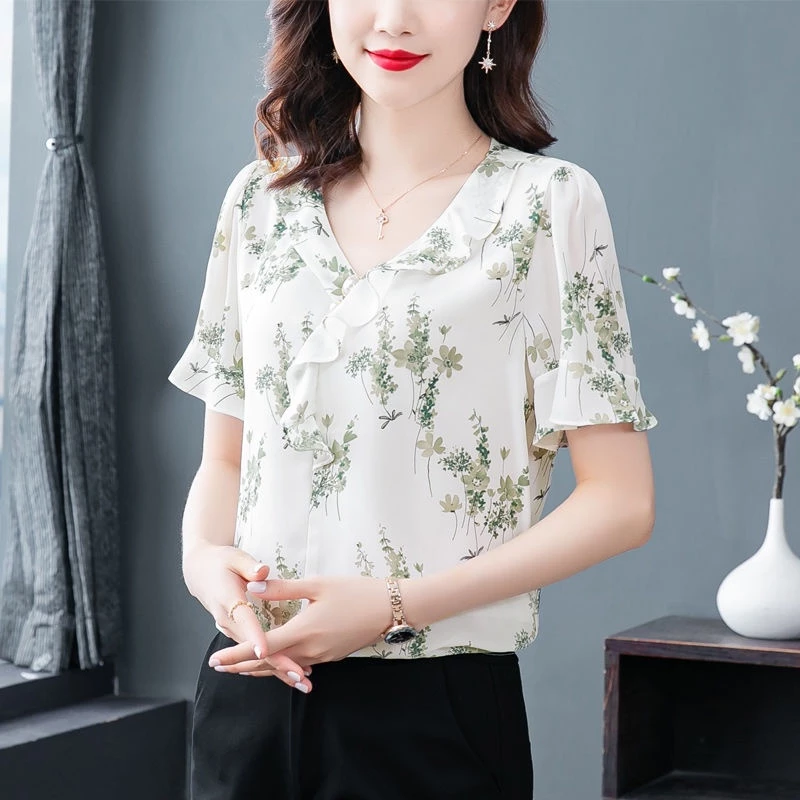 เสื้อลูกไม้ลายดอกไม้ คอวี แขนสั้น สไตล์ตะวันตก thumbnail 7