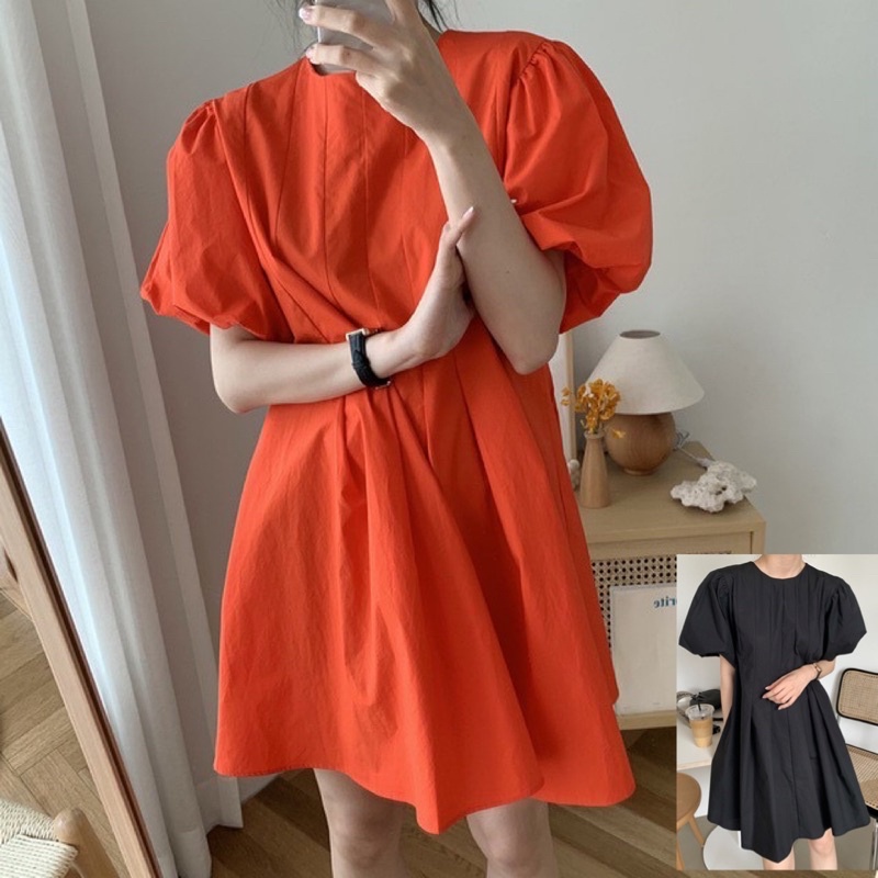 พร้อมส่ง small puff dress C1810 มินิเดรสสั้น มินิเดรสสั้นแขนตุ๊กตา มี 2สี ส้ม ดำ