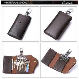 CONTACT'S Men กระเป๋าสตางค์หนังแท้ขนาดเล็ก Key Holder พวงกุญแจกระเป๋า Key Case พร้อมช่องใส่การ์ด