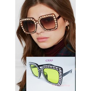 แว่นตา GAMT Square Sunglasses  White Round Rhinestoneกรอบดำ เลนส์ใสสีเหลือง ของแท้ พร้อมส่ง