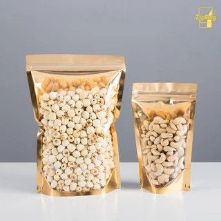 ถุงมีซิปหน้าใสหลังทอง มีซิปก้นตั้งได้ (50ใบ) Zipbag