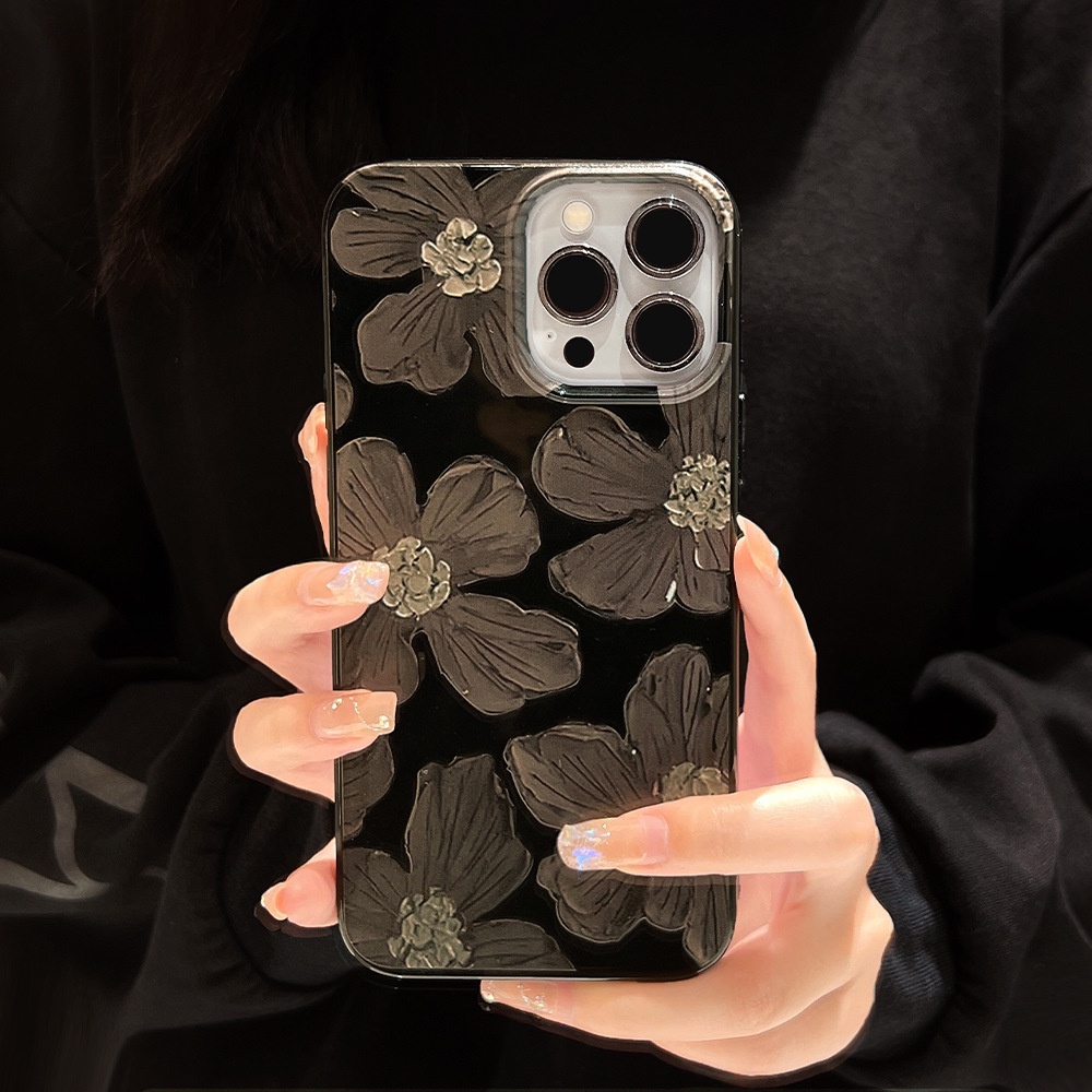 [Lemon] เคสโทรศัพท์มือถือเจลลี่นิ่ม ลายภาพวาดสีน้ํามัน รูปดอกไม้ สีดําวาว สําหรับ iPhone 14 14pro 14promax 14plus 7 8 7plus 8plus 11 12 X XS XR XSMAX 11pro 12pro 11promax 12promax 13 13pro 13promax 13promax