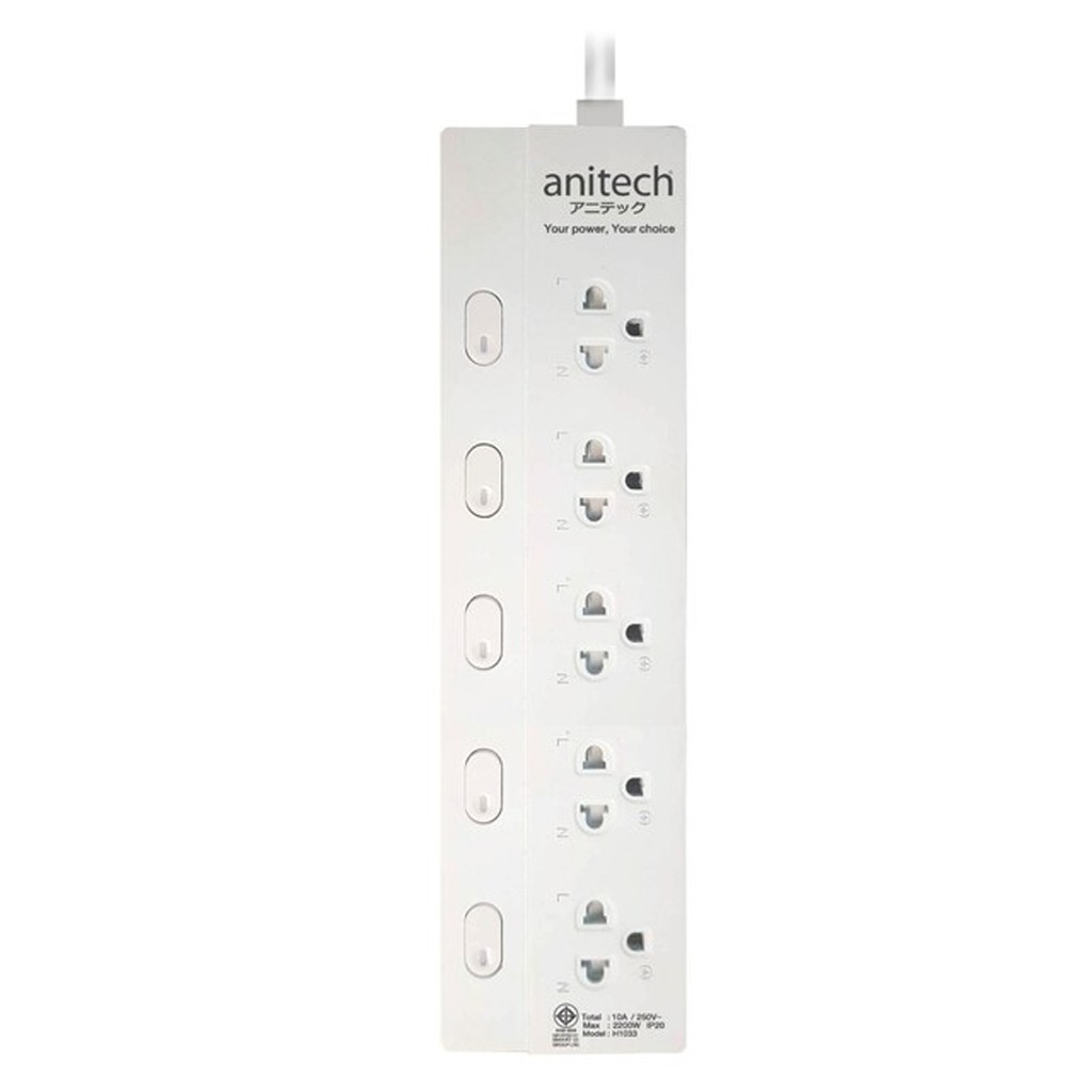 Anitech H3035-WH ปลั๊กไฟมาตรฐาน มอก. 5ช่องเสียบ 5สวิตซ์ 3เมตร (H3035-WH)