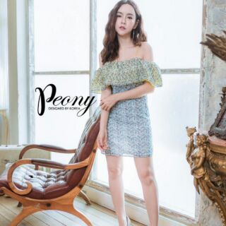 พร้อมส่ง-Peony มินิเดรสทรงดีงาม สายเดี่ยว+จั้มปาดไหล่ เนื้อผ้าลูกไม้ตาราง