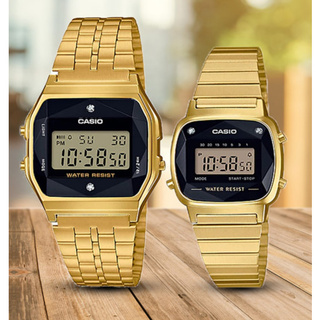 Win Wach shop tCASIO รุ่น A159WGED1DF นาฬิกา Casio วินเทจดีไซน์ตัวเรือนสีทอง หน้าปัดดำ