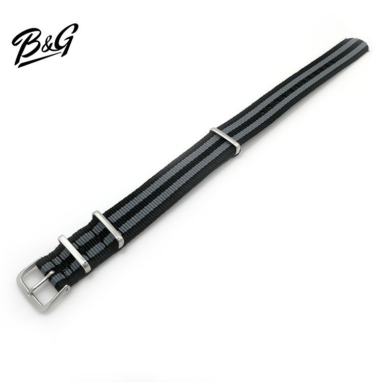 B&G สายนาฬิกานาโต้ไนล่อน ห่วงสีเงิน มีขนาดกว้าง 18mm, 20mm, 22mm แถมเครื่องมือถอดสายและปริงบาร์