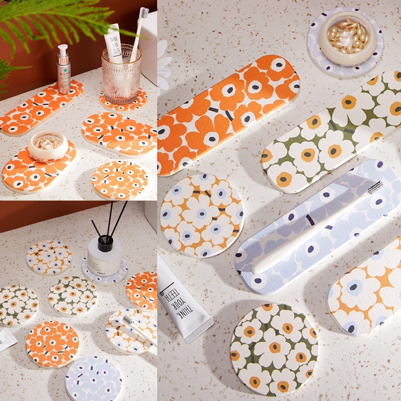 แผ่นหินรองแก้ว ลายดอกไม้ ที่รองแก้วซับน้ำ - พร้อมส่ง