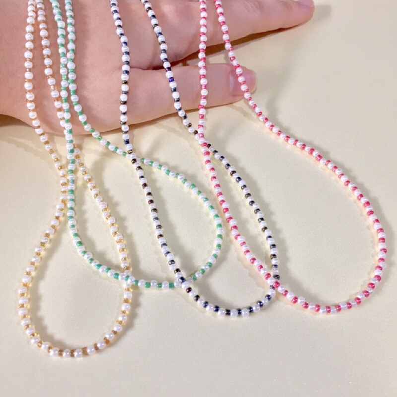 สายคล้องหน้ากากอนามัย📿 ลูกปัดสลับมุก 60ซม แดง ทอง เขียว เทา สายคล้องแมส Bead Pearl Mask Necklace Red