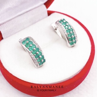 T6408 ต่างหูพลอยโมราแท้ ( Chrysoprase ) แบบอิงลิชล็อค ตัวเรือนเงินแท้ 925 ชุบทองคำขาว