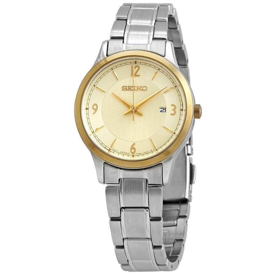 Karnvera Shop นาฬิกาข้อมือผู้หญิง Seiko Essentials Quartz Champagne Dial Ladies Watch SXDH04P1