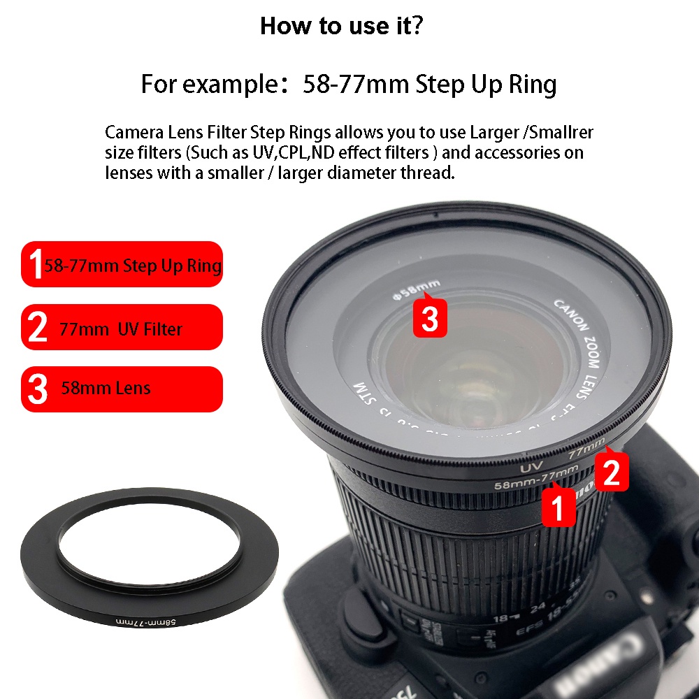 2 pieces Step Up Step Down Ring Filter Adapter Ring with a Lens ...