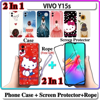 2 IN 1 เคส VIVO Y15s เคส พร้อมกระจกนิรภัยโค้ง ป้องกันหน้าจอเซรามิค สําหรับเด็กผู้หญิง และคิตตี้