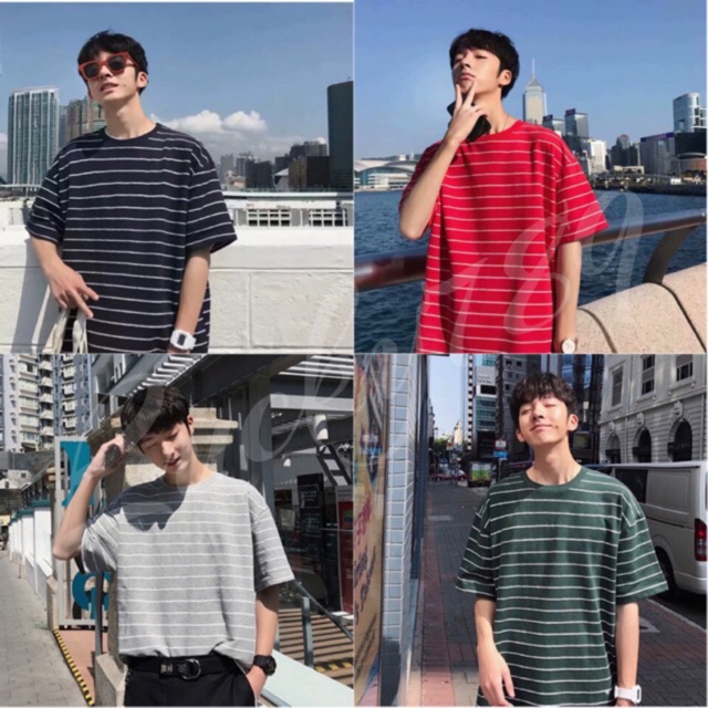 พร้อมส่ง เสื้อยืด Oversize ลายริ้ว สไตล์เกาหลี (ใส่ได้หญิงชาย) No.168