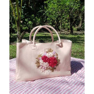 กระเป๋า TOTE BAG งานปัก Handmade สีชมพูพาสเทล ลายดอกไม้ขนาดย่อม