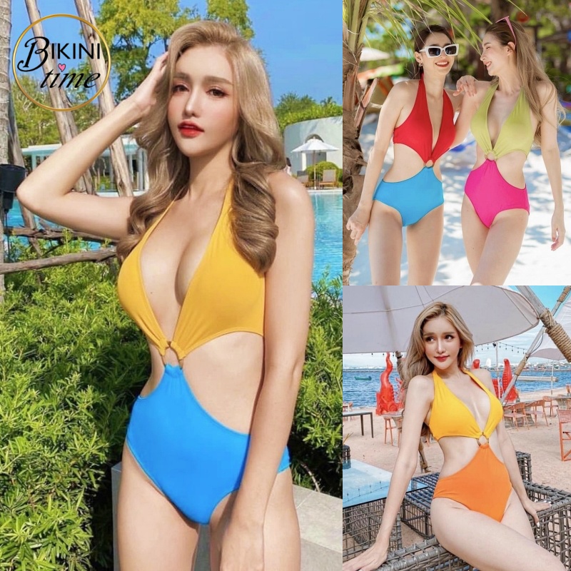 🏖BikiniTime (M-XL) SB207 มี4สี ชุดว่ายน้ำแฟชั่น วันพีซ งานผ้าย่น สีขาว-ดำ ผูกโบว์ไหล่ มีฟองน้ำเสริม บิกินี่