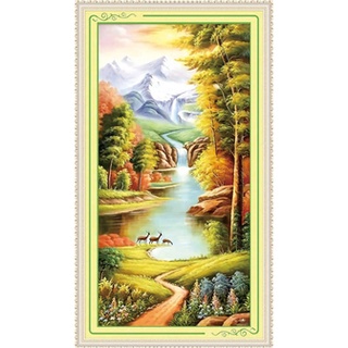 (มี 18 ลาย) ชุดปักครอสติชพิมพ์ลาย ความมั่งคั่ง น้ำตก วิว ภูเขา (Landscape Cross stitch kit)