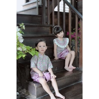 ชุดไทยเด็กชายคอตั้ง ลายมะลิสีขาว ชมพู