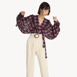 &lt;Pomelo&gt; Plaid batwing puff sleeves blouse-Red