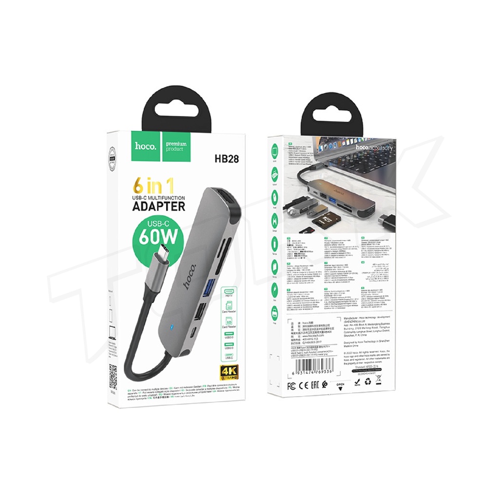 Hoco HB28 Easy display HUB ตัวแปลง Type-C เป็น HDTV+ USB3.0 + USB2.0 + SD + TF + PD อะแดปเตอร์ 6 in 1