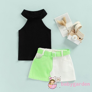 Babygarden- ชุดเสื้อแขนกุด ผ้าถัก พร้อมกระโปรงสั้น สีตัดกัน พร้อมเข็มขัด สําหรับเด็กทารกผู้หญิง อายุ 2-7 ปี