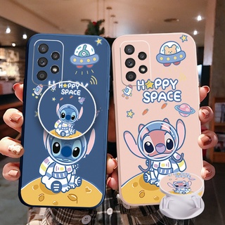 เคสโทรศัพท์มือถือ ขอบสี่เหลี่ยม ลายนักบินอวกาศ Happy Space พร้อมแหวนขาตั้ง สําหรับ Samsung Galaxy S22 Ultra S21 FE A33 A53 A73 A03S M32 M22