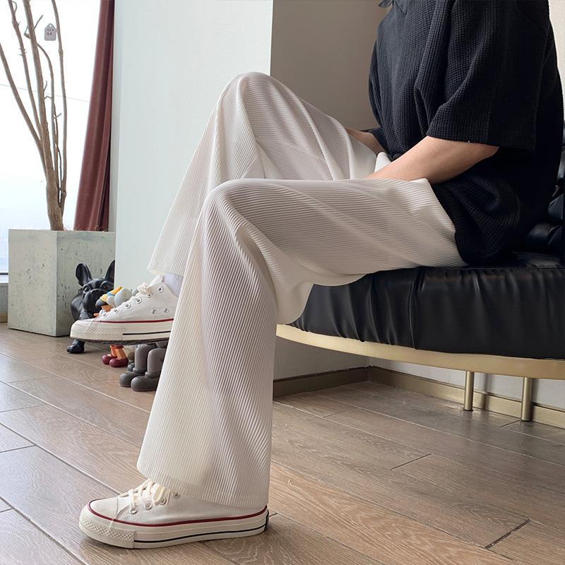 Summer Men Thin Casual Suit Pants Long Straight Drape Silky Wide Loose Trousers Male Elastic Waist Oversize Clothes Black White