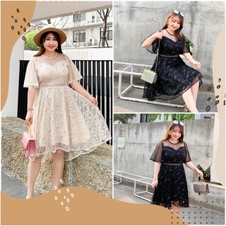 PMSWEET PLUSSIZE : PM3395 : พร้อมส่ง เสื้อผ้าไซส์ใหญ่ คนอ้วน สาวอวบ ชุดเดรสออกงาน ชุดเดรสผ้าตาข่ายปักลาย ชุดเดรสลู