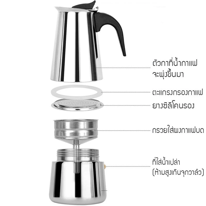 MOKA POT กาต้มกาแฟสดแบบพกพา กาต้มกาแฟสด สแตนเลส  สามารถอุ่นด้วยเตาแม่เหล็กไฟฟ้า thumbnail 7