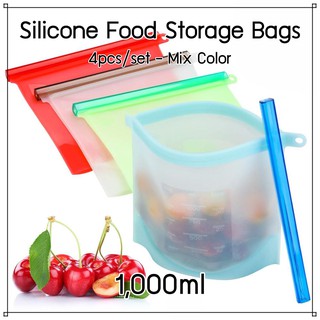 BFS Reusable Silicone Bags x4 Set (mixed color) Capacity: 1000ml Bag | เซ็ตถุงซิลิโคนเก็บอาหาร x4 (คละสี) ขนาด 1000ml