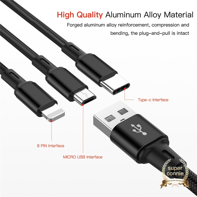 3 In 1 สายชาร์จสําหรับ Iphone Micro Usb Type C สายชาร์จโทรศัพท์มือถือ ...
