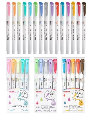 日本ZEBRA斑马新款WFT8 MILDLINER双头软头毛笔+荧光笔五色套装