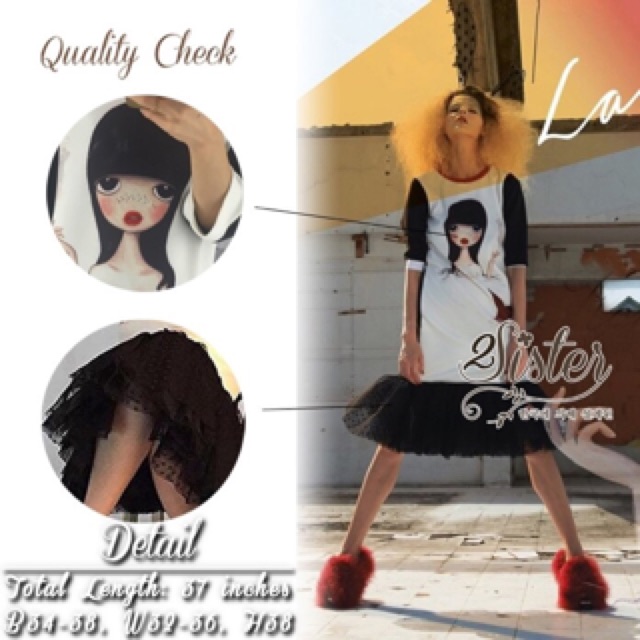 2Sister Made, Black Gimmic Dress with Cuties Cartoon Pattern style Premium Brand