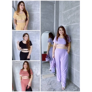 Size up ชุดเซ็ต 2 ชิ้น สาวอวบ เสื้อครอป ผูกโบว์ อก 48” Bigsize กางเกงขายาว เอว 44”